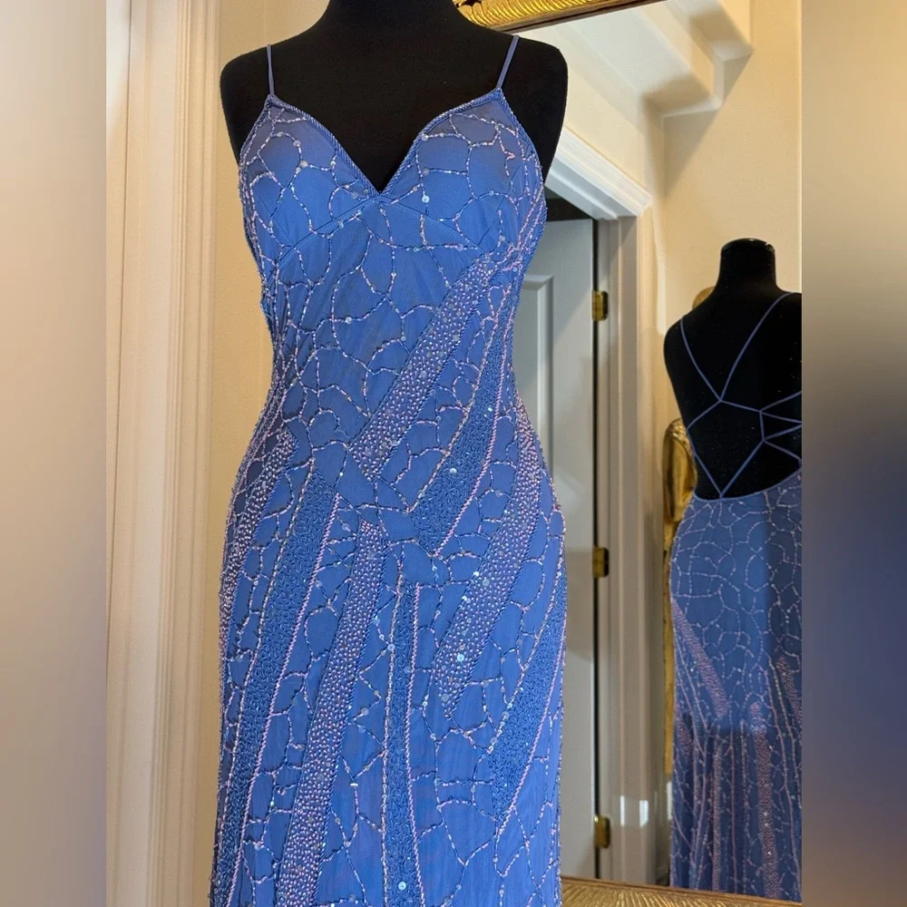 Periwinkle Blue hand Beaded‎ Evening Gown - Women's Formal Dress made on stretch